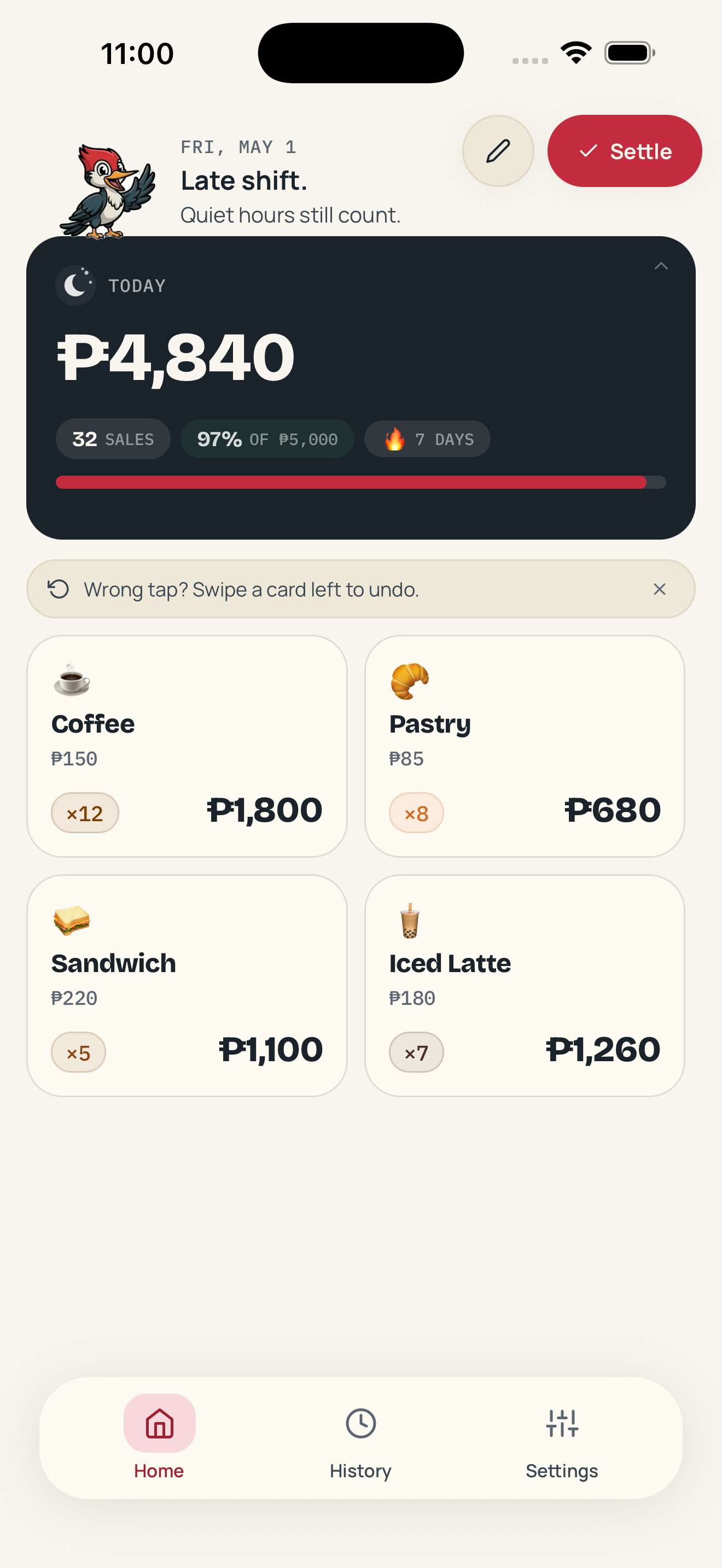 Pecki app showing the day's counter screen with item tiles for Coffee, Pastry, Sandwich, and Iced Latte
